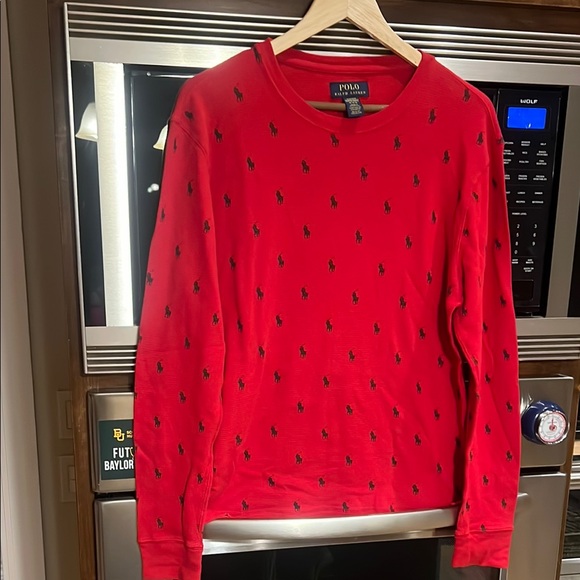 POLO RALPH LAUREN MEN’s ALL OVER PONY PRINT WAFFLE KNIT LS THERMAL RED HENLEY - Picture 1 of 7